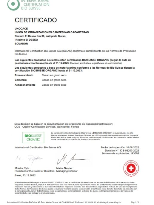 UNOCACE - Certificado BIOSUISSE 2022 - 2023