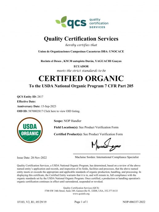 UNOCACE - Certificado Orgánico NOP - 2023