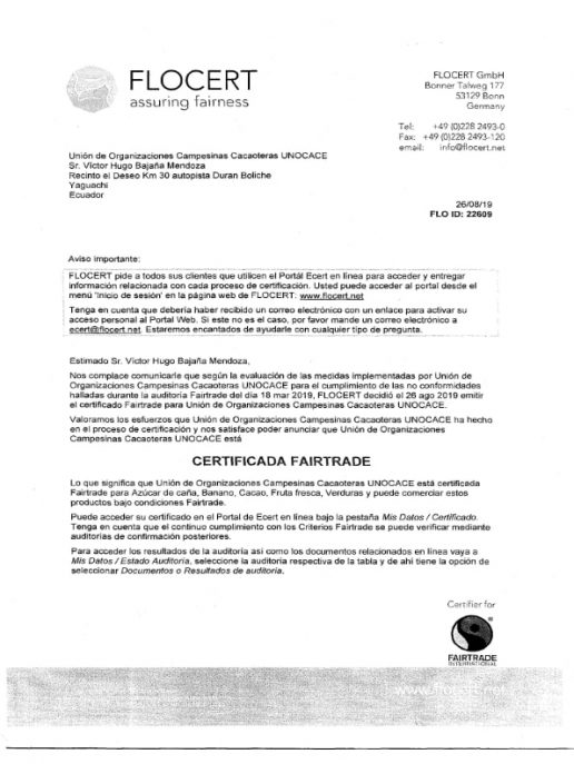 UNOCACE - Certificado FAIRTRADE