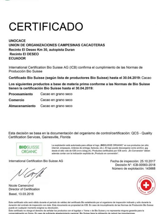 UNOCACE - Certificado BIOSUISSE 2018